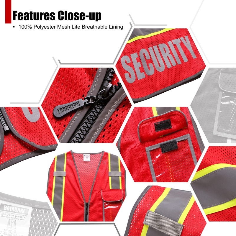 HATAUNKI Retro-Reflection Security Safety Vests Heavy Duty Red Mesh with 5 Pockets and Front Zipper Meet ANSI/ISEA 107-2015 (Red-22,3X-Large) - Image 4